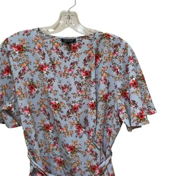 Topshop Confetti Floral Wrap Tea Dress Light Blue Multicolor Size 6 - Picture 6 of 9